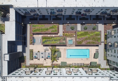 Aerial view of the courtyard in Union Flats in Union City, Ca.