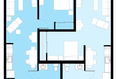 Unit plan for a two one bedroom units at Armstrong Place Senior in San Francisco.