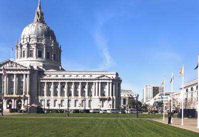 View of Civic Center Plaza in San Francisco with the rendered 600 McAllister in the background.