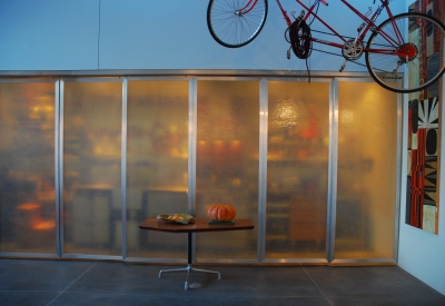 Kitchen space that is behind translucent fiberglass panel at Shotwell Design Lab in San Francisco. 