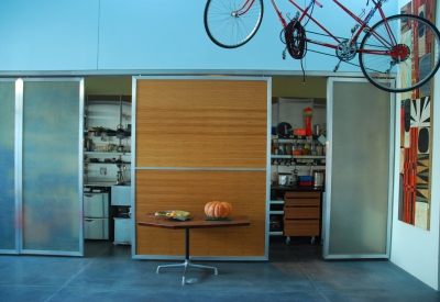 Kitchen space that is behind translucent fiberglass panel at Shotwell Design Lab in San Francisco. 