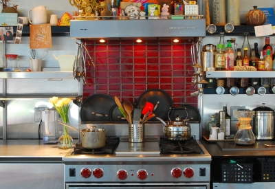Kitchen stove and hood at Shotwell Design Lab in San Francisco.