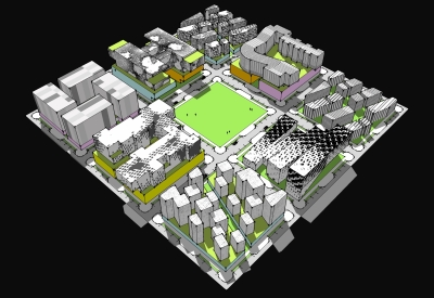 Aerial site plan of the nine blocks for humanCITY.