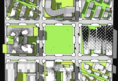 Aerial site plan for the nine blocks of humanCITY.