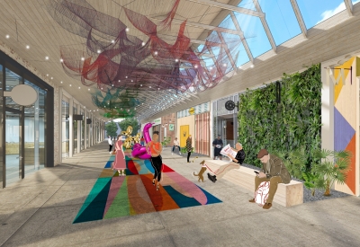 Exterior rendering of the courtyard with retail spaces fro The Loom.