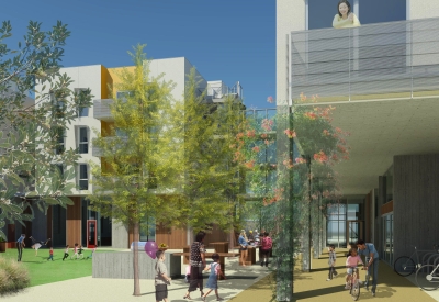 Rendered courtyard of Mayfield Place in Palo Alto, Ca.