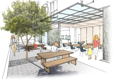 Exterior rendering of the outdoor courtyard that opens up to the inside of Johnny Doughnuts in San Francisco.