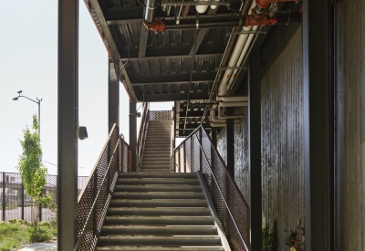 Looking up the open air stairs at The Union in Oakland, Ca. 