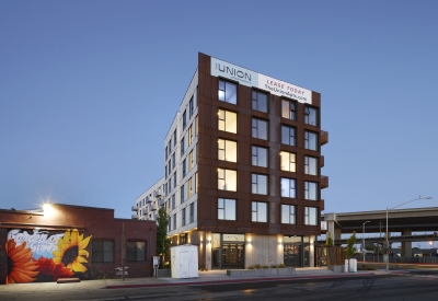 Exterior view at dusk at The Union in Oakland, Ca. 