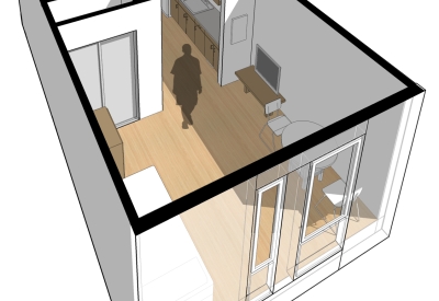 Rendering of 3-D view of furnished studio unit
