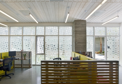 Interior of on-site clinic showing effectiveness of privacy screen on courtyard window