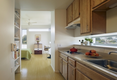 Interior of studio apartment kitchen at Richardson Apartments in San Francisco.