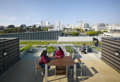 Rooftop garden beds with people sitting at table and gardening at Richardson Apartments in San Francisco.