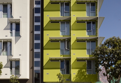 Detail of southwest corner of Richardson Apartments in San Francisc.