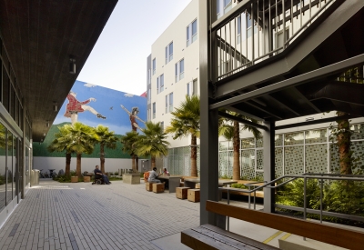 View of the courtyard from stair tower at Richardson Apartments in San Francisco.