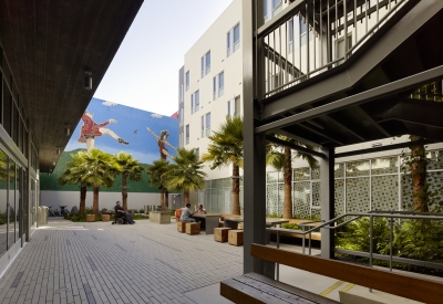 View of the courtyard from stair tower at Richardson Apartments in San Francisco.