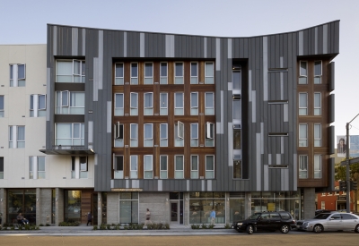 Elevation of zinc and hardwood bay at Richardson Apartments in San Francisco.