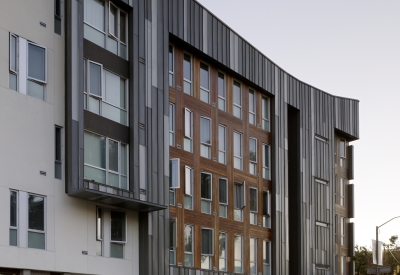 Corner and residential entry at Richardson Apartments in San Francisco.