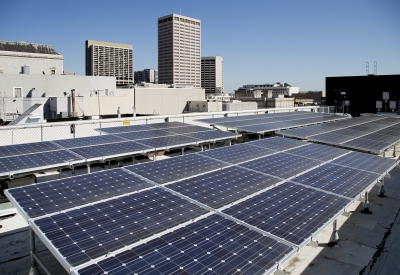 Detail of rooftop solar panels at Richardson Apartments in San Francisco.