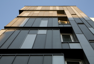 Detail of zinc siding at Richardson Apartments in San Francisco.