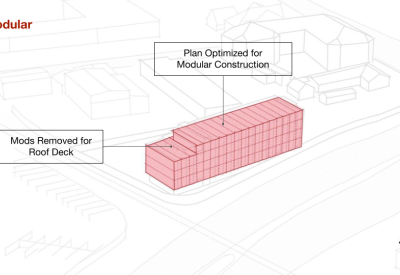 Diagram showing the modular construction strategy at Harvey West Studios