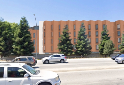 Rendered closeup view of Harvey West Studios from freeway