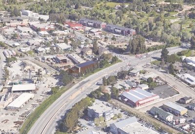 Rendered aerial view of Harvey West Studios showing Santa Cruz context