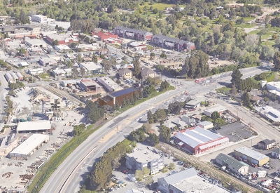 Rendered aerial view of Harvey West Studios showing Santa Cruz context.