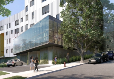 Exterior rendering of the library for Hunter’s View Phase 3 in San Francisco, Ca.