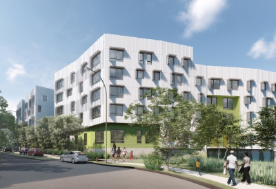 Exterior rendering of 855 building at Hunter’s View Phase 3 in San Francisco, Ca.