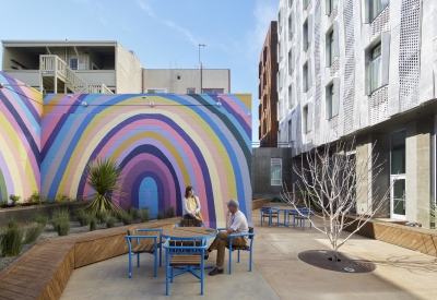 Residential courtyard inside Tahanan Supportive Housing in San Francisco.