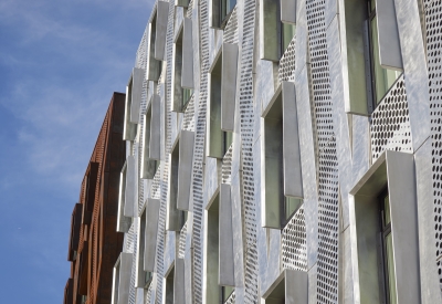 Detail of aluminum rainscreens at Tahanan Supportive Housing in San Francisco.