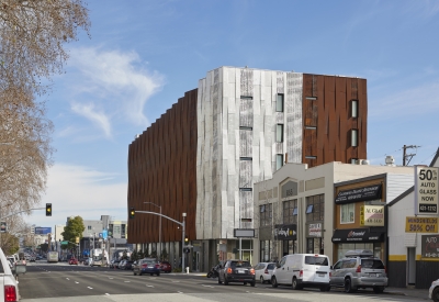 Exterior corner view of Tahanan Supportive Housing in San Francisco.