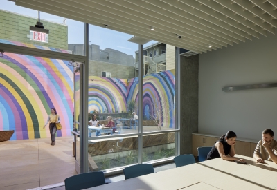 Looking out to the courtyard from the community room in Tahanan Supportive Housing in San Francisco.