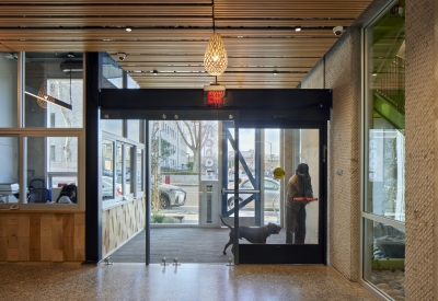 Entrance lobby inside Tahanan Supportive Housing in San Francisco.