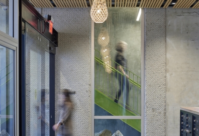 Lobby looking at the stairs Tahanan Supportive Housing in San Francisco.