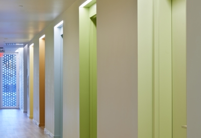 Residential hallway inside Tahanan Supportive Housing in San Francisco.