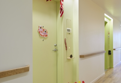 Residential hallway inside Tahanan Supportive Housing in San Francisco.