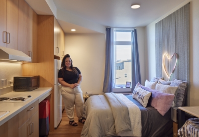 Resident in her unit at Tahanan Supportive Housing in San Francisco.