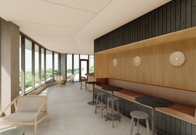 Rendering of a hallway and banquette for Isle House in Treasure Island, San Francisco, Ca.