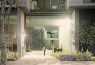 Rendering of the entrance to Tidal House in Treasure Island, San Francisco, Ca.