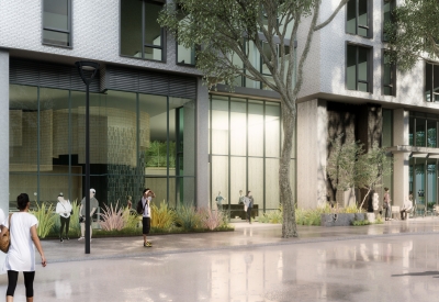 Rendering of the entrance to Tidal House in Treasure Island, San Francisco, Ca.