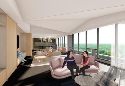 Rendering of the library for Isle House in Treasure Island, San Francisco, Ca.
