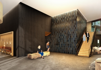 Rendering of the entrance lobby of Tidal House in Treasure Island, San Francisco, Ca.