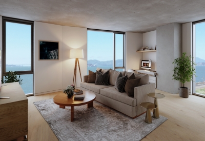 Rendering of a unit living room with the view of the bay for Tidal House in Treasure Island, San Francisco, Ca.