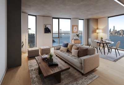 Rendering of a unit living room and kitchen with the view of the bay for Tidal House in Treasure Island, San Francisco, Ca.