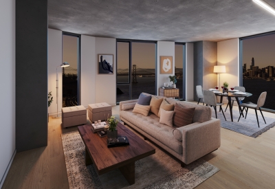 Rendering of a unit living room with the view of the bay at night for Tidal House in Treasure Island, San Francisco, Ca.