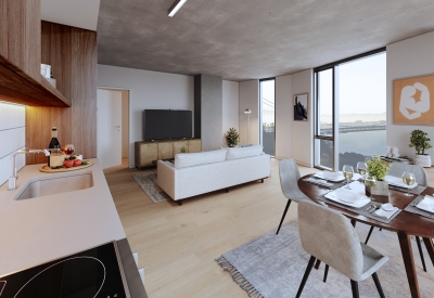 Rendering of a unit living room and kitchen with the view of the bay for Tidal House in Treasure Island, San Francisco, Ca.