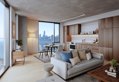 Rendering of a unit living room and kitchen with the view of the bay for Tidal House in Treasure Island, San Francisco, Ca.