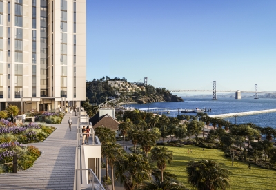 Exterior rendering of the bay bridge and Tidal House in Treasure Island, San Francisco, Ca.